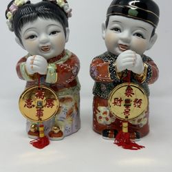 Pair Chinese Lucky Children Porcelain Figurines Gold Coin Red Tassel Feng Shui