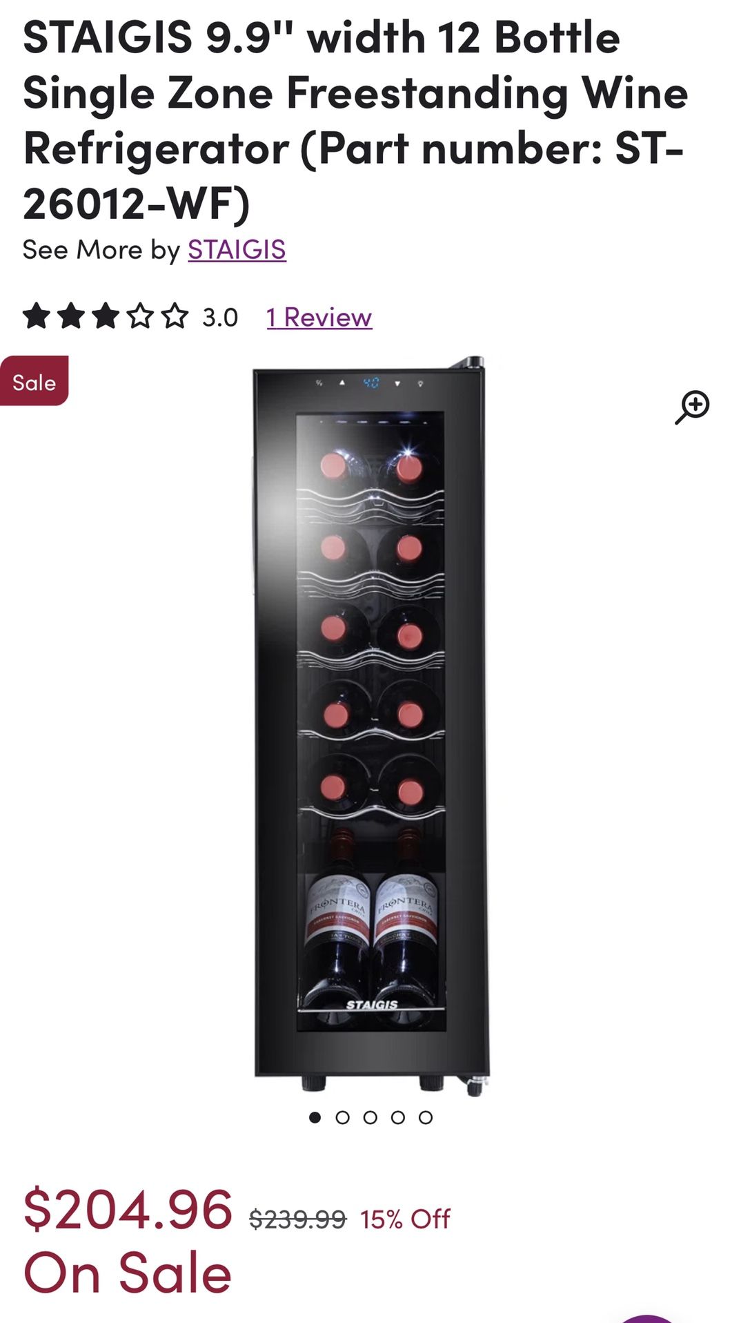 STAIGIS Mini Wine Fridge Freestanding, Wine Cooler Refrigerator 12 Bottle w/Digital Control, Mini Fridge w/ Glass Door, Black
