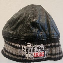 BLACK & GREY LEATHER SYMBIOTIC MUSIC  BEANIE 