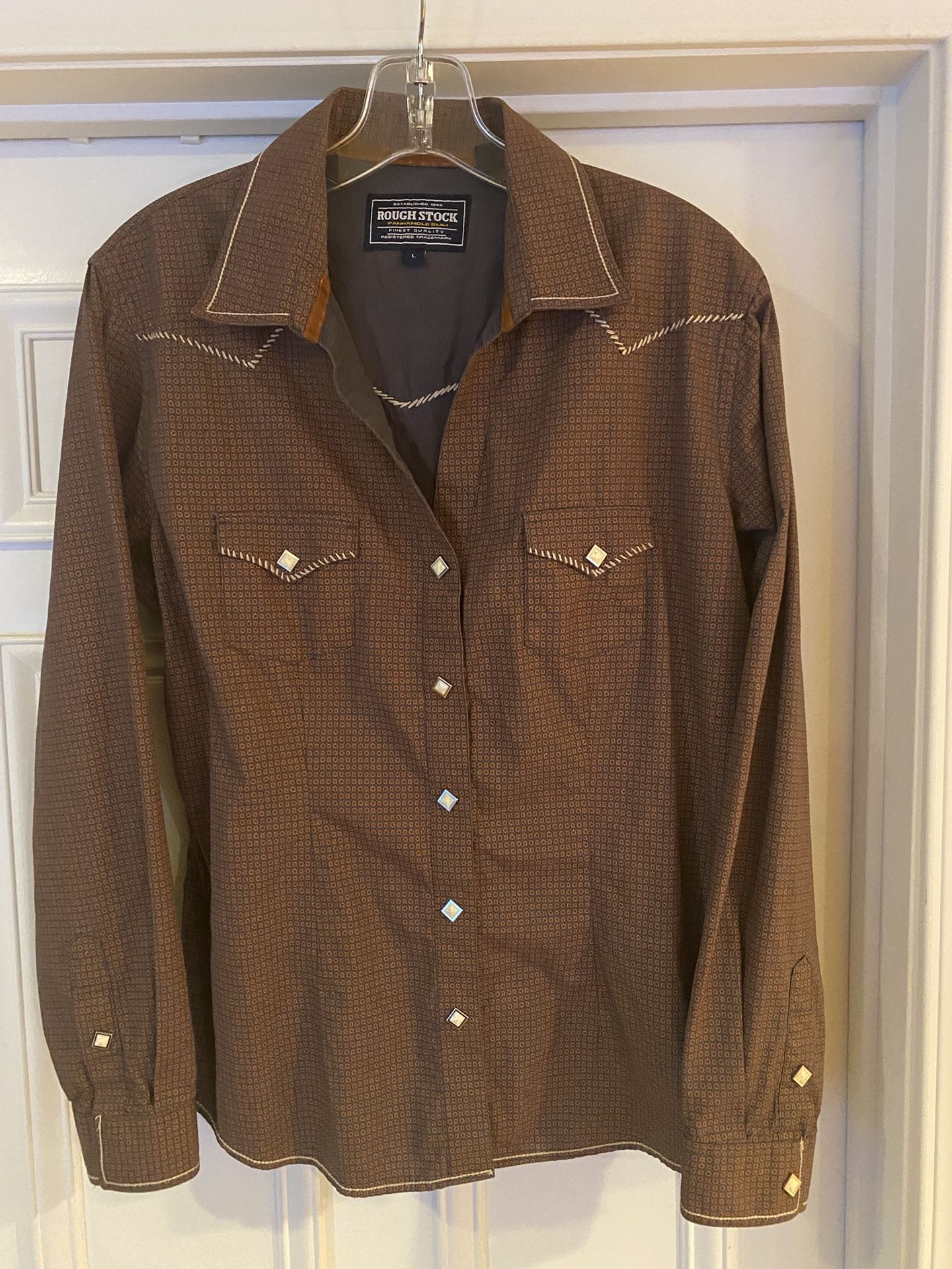 Rough Stock Panhandle Slim Women’s Long Sleeve Shirt Pearl Snap Western Ranch Brown With Orange