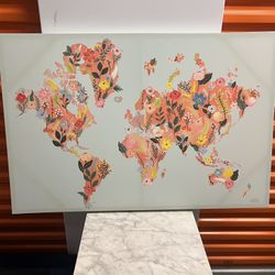 Mint Green Backed Handpainted World Map With Floral Detail