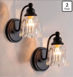 Set of 2 Vintage Black Wall Sconces – Clear Flower Glass Shade – E12 Hardwired