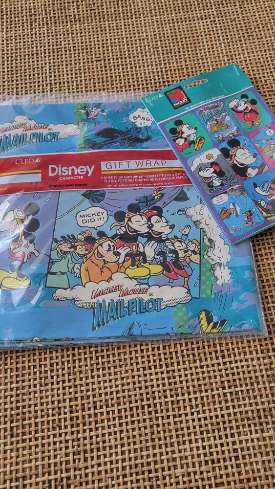 Vtg Disney Mickey Mouse Mail Pilot Gift Wrap Paper Sealed NIP