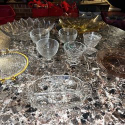 Lot of really cool vintage crystal & glass items cups trays & dish