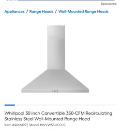 Whirlpool 30 inch Convertible 350-CFM Recirculating Stainless Steel Wall-Mounted Range Hood