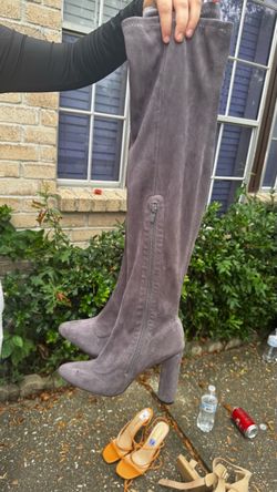 Gray Suede Over-the-Knee Heeled Boots