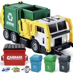 NEW IN BOX Large Friction Powered Garbage Truck Toy Set, Includes Dumpster, Trash Bins