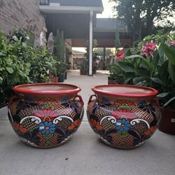Talavera Red Rim Clay Pots, Planters,Plants, Pottery $60 cada uno.