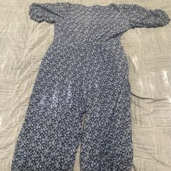 V Neck Blue Button Down Jumpsuit - Medium