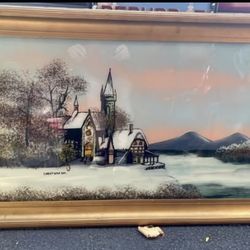 Vintage Christmas Church Oil Painting on Reverse Glass Gold Frame.