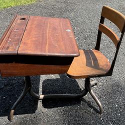 Vintage Child's School Desk and  swivel seat, maple top, steel frame.