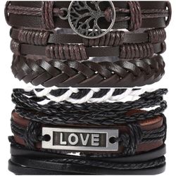 2 x Set Adjust. Size up to 9.5inc Leather Bracelet, Tree of Life (Brown-Love)