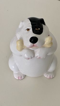 Vtg 1992 Clay Art Hand Painted Ceramic Black~White Dog W/Bone Bank~Orig. Stopper. Great Collectible! 