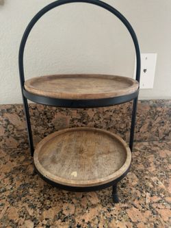 2-Tier Wood & Black Metal Tray Stand – Farmhouse Decor
