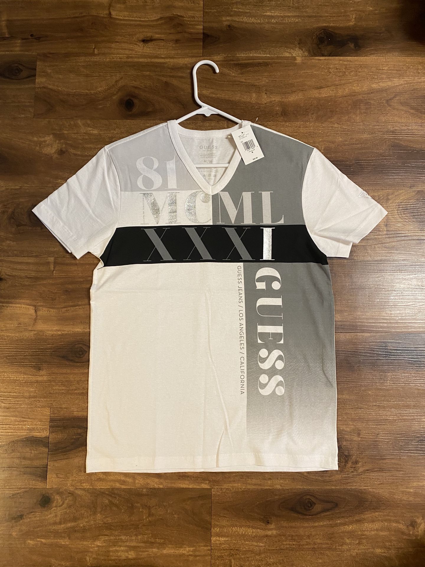 Brand new Men’s Guess brand white and gray colored V-Neck Shirt Up For Sale
