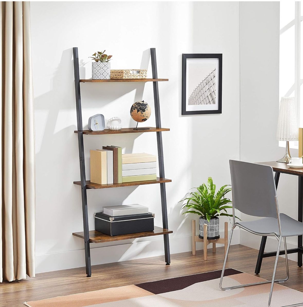 Ladder Shelf, 4-Tier Bookshelf, Storage Rack Shelves, for Living Room, Kitchen, Office, Steel, Stable, Sloping, Leaning Against The Wall, Industrial,