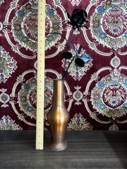Very Heavy Vintage Copper Vase With Sculpted Iron Black Rose With Thorns