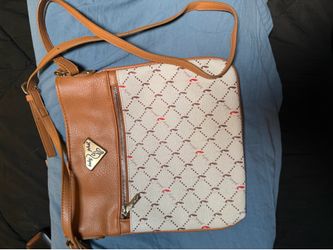 Baby Phat Beige/Brown Logo Crossbody Bag Zip Closure Adjustable Strap Gold