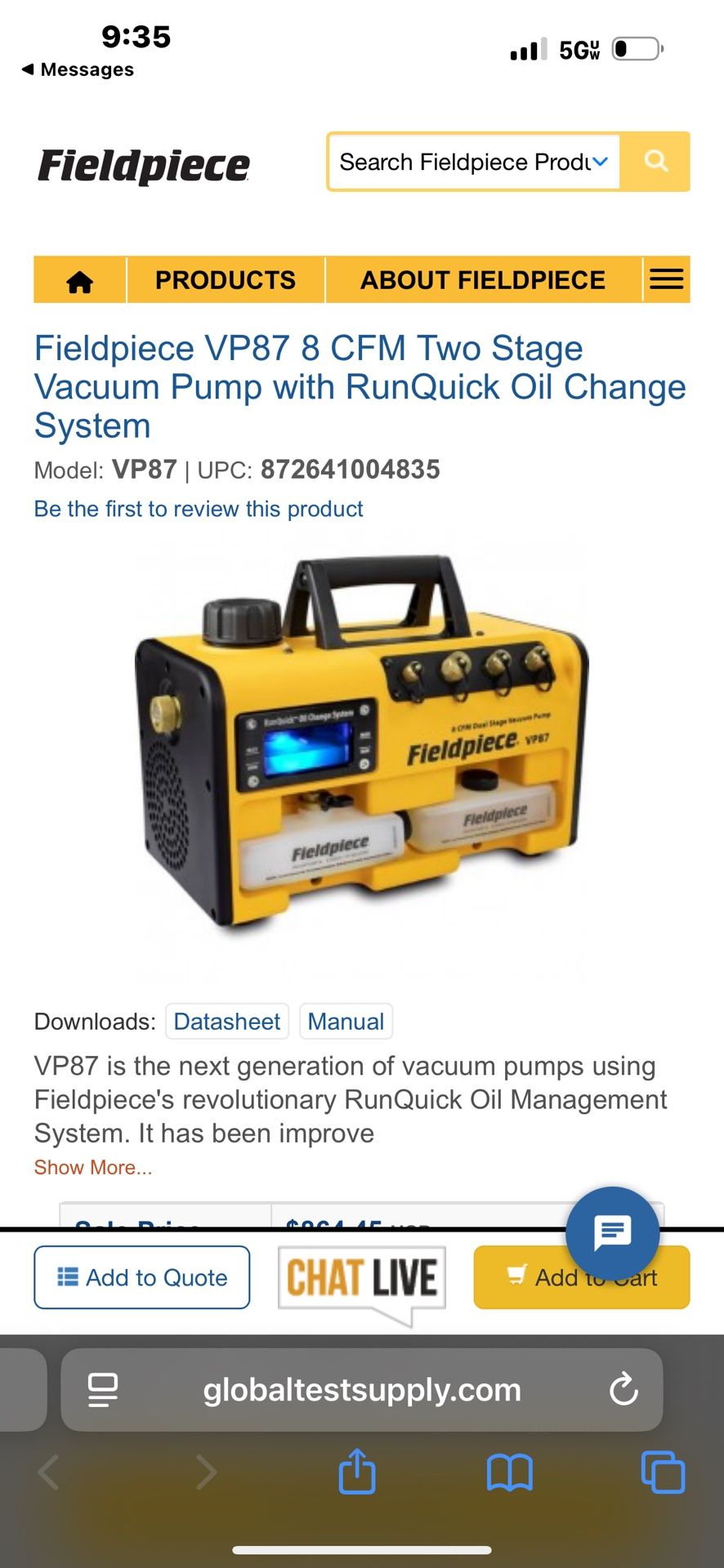 Bomba de vacío de dos etapas Fieldpiece VP87 de 8 CFM con sistema de cambio  de