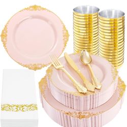  350PCS Pink Plastic Plates - Pink Plastic Dinnerware Sets for 50 Guests - 100 Disposable Plates, 150 Gold Silverware, 50 Cups, 50 Napkins for Wedding