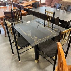 (In store) Black & Gold Glass-Top Post Modern Dining Table W/ 4 Chairs