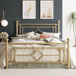 14 Inch Full / Queen Size Metal Platform Bed Frame with Vintage Victorian Style, Wrought Iron Headboard and Footboard/Mattress Foundation for Storage/