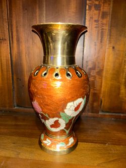 Vintage Brass Cloisonné Enameled Vase – Textured Orange & Floral Motif