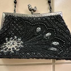 Elegant Black Beaded Bejeweled Clutch Evening Bag With Clasp