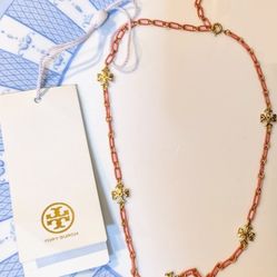 Tory Burch Roxanne chain necklace orange and gold enamel, new with tags