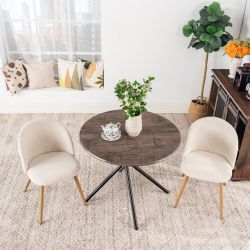 Homy Casa Hare 3PC Dining Set 31.5” Brown Round Table with 2 Zomba Beige Upholstered Chairs