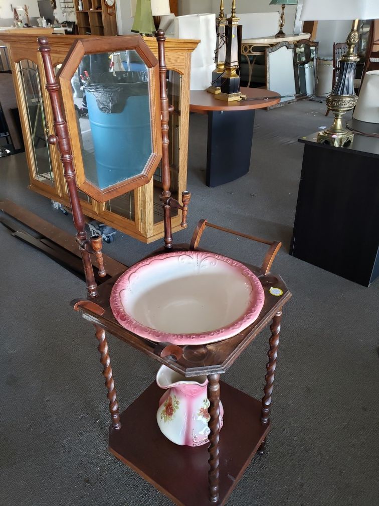 1895 Antique Victorian Washstand Ironstone Wash Bowl Pitcher Set