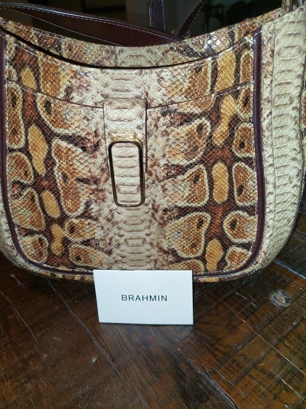 NEW BRAHMIN HANDBAG IN SNAKESKIN LOOK BROWN LEATHER