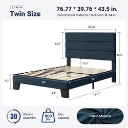 Twin Size Platform Bed Frame with Fabric Upholstered Headboard Wooden Slats Support, Fully Upholstered Mattress Foundation, No Box Spring Needed, Easy