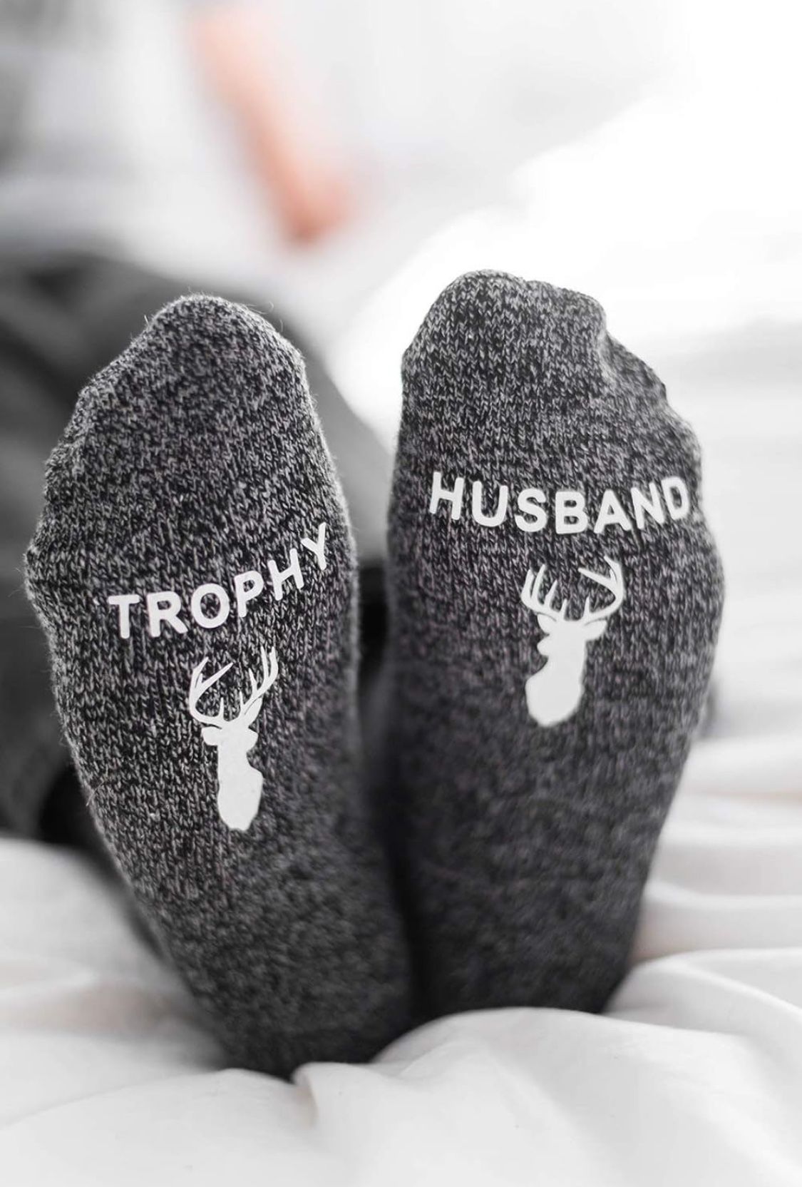 Trophy Husband grey socks with buck, new. Fit sizes 8 to 12.