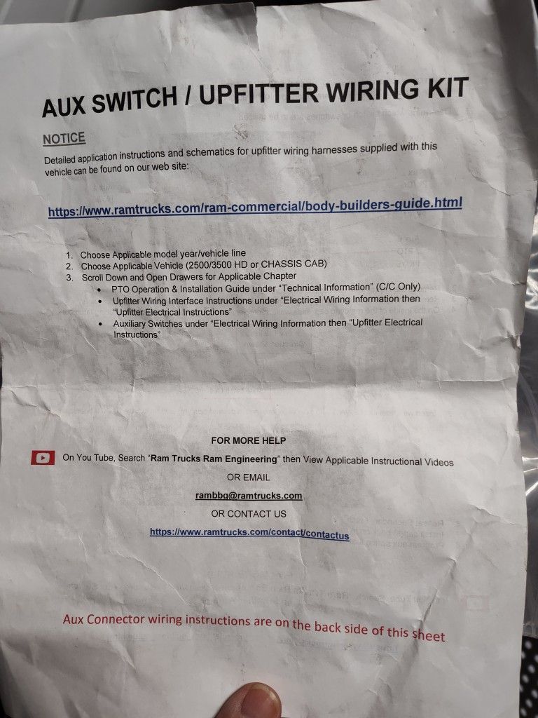 Dodge Ram aux switch/ up fitter wiring kit - (East county)