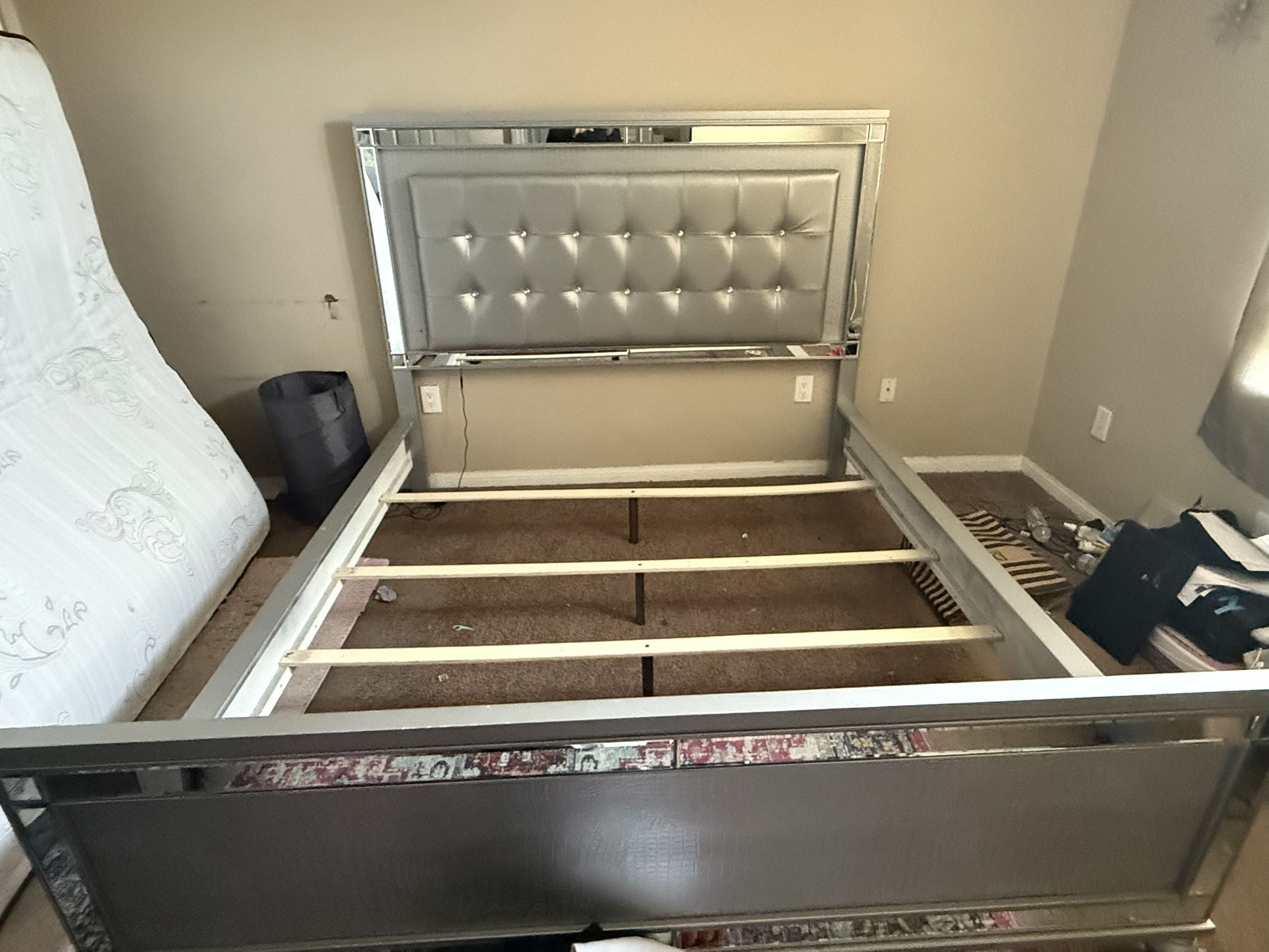 Modern Silver Mirrored King Bed Frame – Tufted Headboard DRESSER IS FREE WITH PURCHASE