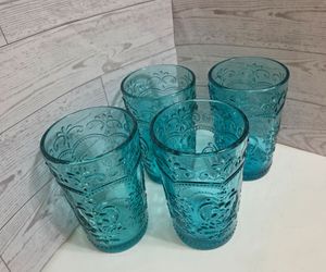 Set of 4 Pioneer Woman Embossed Amelia Teal Heavy Glass Tumblers