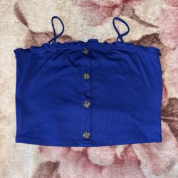 Love J Blue Button Front Ruffle Crop Top - Size L