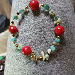 Red Turquoise Bracelet With Fancy Gemestones Wire Circle