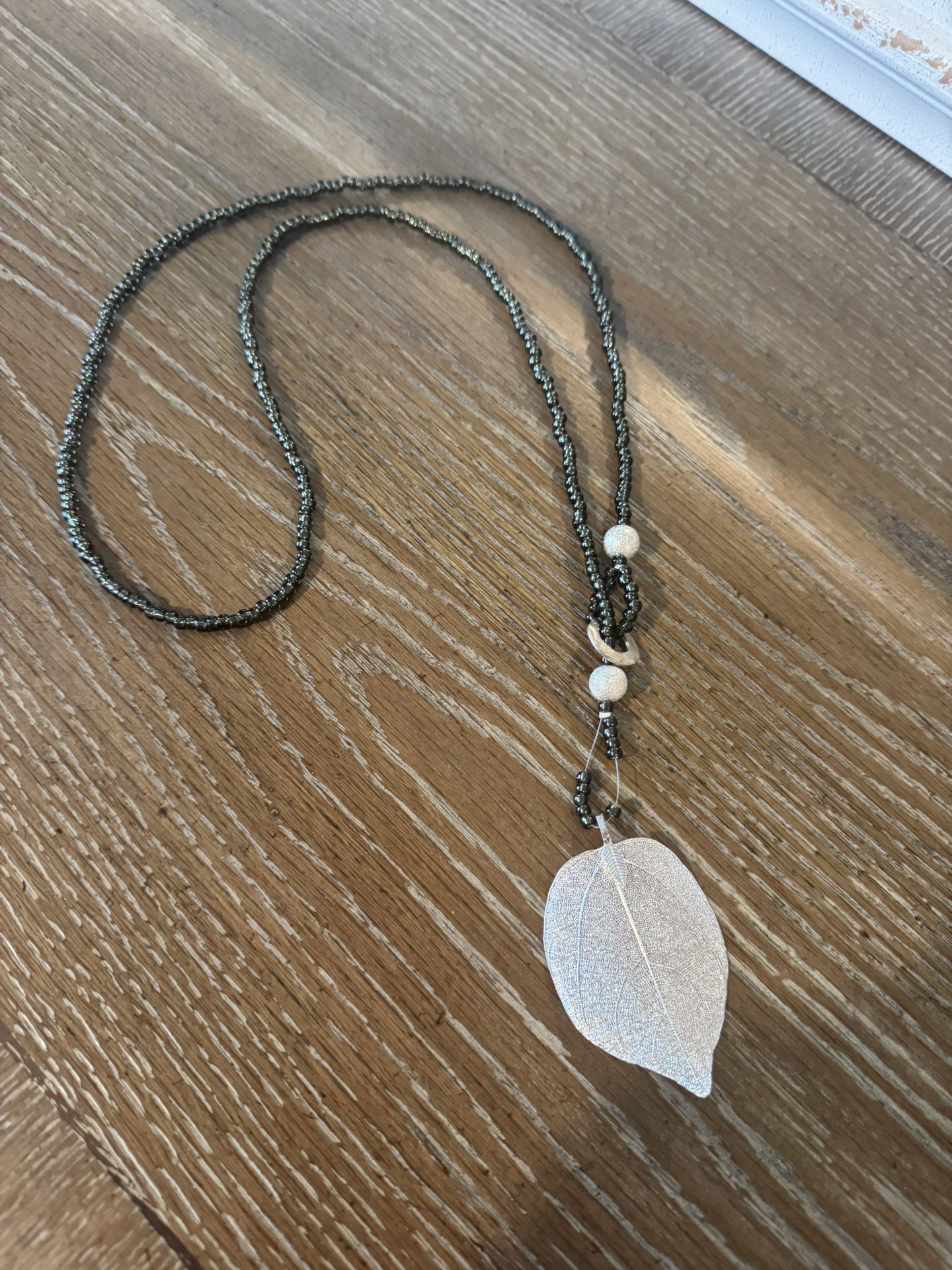 Beaded Necklace With Silver Dipped Leaf