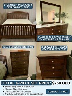4-Piece Solid Wood Bedroom Set (Bed + Box Spring, 10-Drawer Dresser w/ Mirror, 8-Drawer Chest, Nightstand)