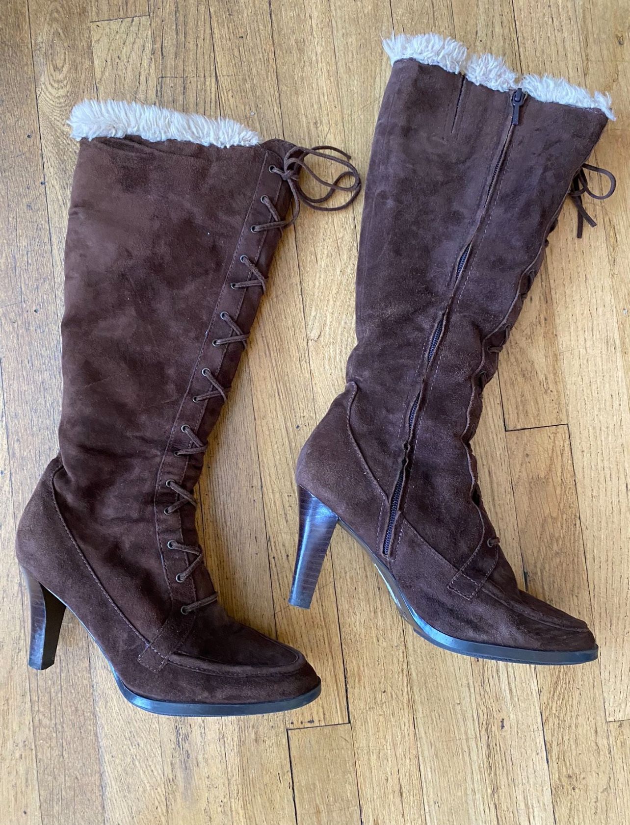 Zara Women Suede Fur Boots Knee High Brown Size 38 Bohemian Lace Up Zip