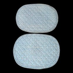 Vintage 70s Set Of 2 Blue Floral  Quilted Ruffled Oval Cloth Placemats