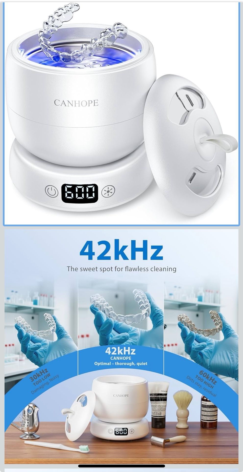 Ultrasonic Retainer Cleaner Machine, 42kHz Professional for Dentures, Aligners, Mouth Guards, Jewelry - IPX7 Waterproof Durable Removable Base and Top
