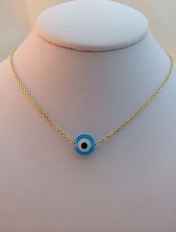 8MM Sky Blue Evil Eye bead Cable Chain, 925 Sterling Silver Gold tone necklace