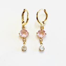 Pink diamond moonstone Clear zircon Gold 12mm Huggies Hoops Bohochic Dangle 1” drop Y2K