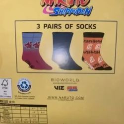 Naruto Shippuden 3 Pair Men's Crew Socks Fits Sock Size 10-13, Shoe Size 8-12....NEW IN BOX 