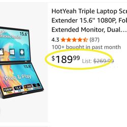 Triple Laptop Screen Extender 15.6'' 1080P, Folding Extended Monitor, Dual Stacked Monitor, IPS, USB-C, HDMI, 180° Rotation, Plug & Play, Kickstand, W