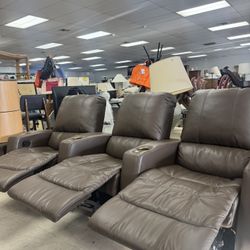 3 brown leather reclining movie theater seats featuring built-in cup holders - 104” 
