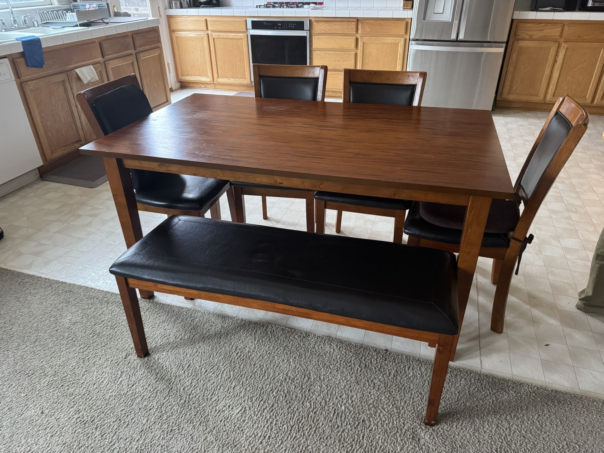 Dining Table Set โ Dark Cherry Wood + 4 Chairs + Bench